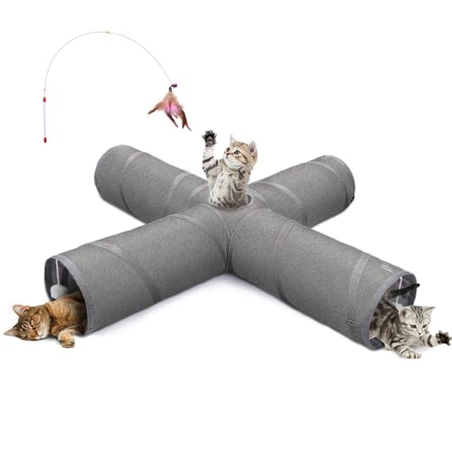 Ownpets Katzentunnel-Spielzeug, 4-Wege-zusammenklappbarer Katzentunnel für Indoor-Katzen, interaktives Guckloch, Haustier-Tunnel mit Katzenstab-Spielzeug von Ownpets