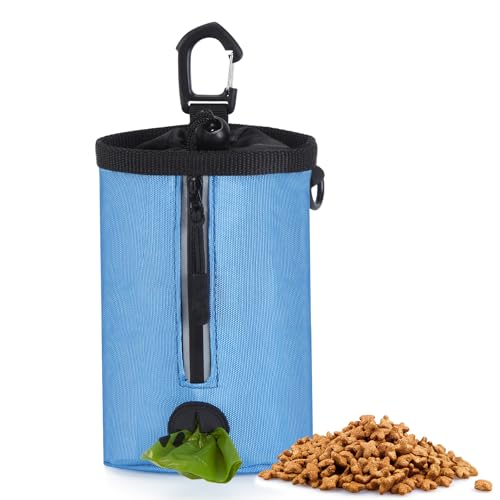 Ownpets Leckerlibeutel für Hunde, Mini Trainings-Leckerli-Tasche mit Zugbandverschluss, Karabinerhaken, Kotbeutelhalter & reflektierenden Streifen, 825ml Fassungsvermögen (Blau) von Ownpets