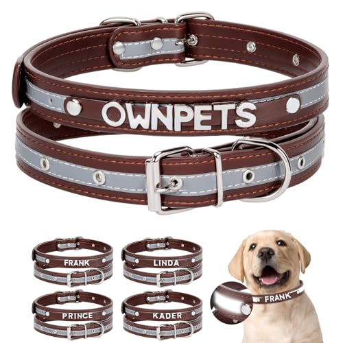 Ownpets Hundehalsband, personalisiert Hunde Halsband mit Name Buchstaben, Größe M, Haustier Halsbänder für für Kleine, Mittlere Hunde, Verstellbare und Reflektierend für das Training, Braun, Name DIY von Ownpets