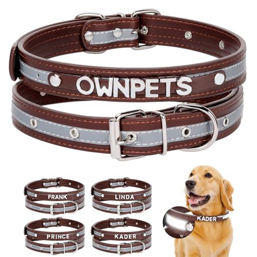 Ownpets Hundehalsband Personalisiert, Hunde Halsband mit Namen, Metallschnalle, XL, Haustier Halsbänder für Große Hunde, Verstellbare und Reflektierend für das Training, Braun, Name DIY von Ownpets