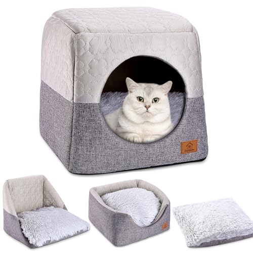 Ownpets faltbares Katzenhöhle, Katzenbett für Indoor, Katzenhöhlebett mit abnehmbarem, waschbarem Kissen, weich, Kuschelhöhle für Katzen, 35 * 35 * 32cm, Grau von Ownpets