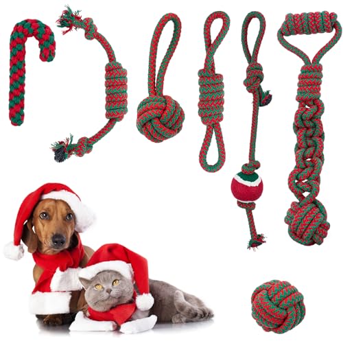 Oziral Weihnachts-Hundespielzeug, 7 Stück, Hunde-Kauspielzeug-Set, Hunde-Weihnachtsstrumpf, Geschenke für kleine, mittelgroße Hunde, Seilspielzeug für Welpen, Kauen, Zahnen, Reinigungstraining von Oziral