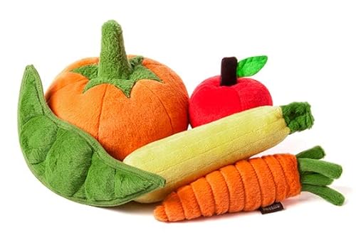 P.L.A.Y. Niedliches Plüsch-Hundespielzeug, Obst- und Gemüse-Thema, langlebig, quietschend, ideal für Welpen und kleine Hunde, maschinenwaschbar, recycelte Materialien (5-teiliges Set, X-Small) von P.L.A.Y. – Pet Lifestyle & You