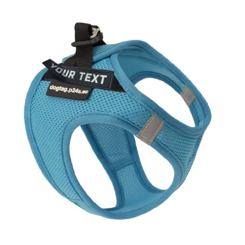 P24S SMART Step-In Brustgeschirr mit zwei kostenlosen personalisierte Namensaufkleber Klettsticker Wunschlogo für kleine Hunderassen mit Online Hundefinder Dienst (Aquamarinblau, XS (Brust: 40-48 cm)) von P24S