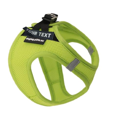 P24S SMART Step-In Brustgeschirr mit 1 Paar austauschbare personalisierte Namensaufkleber Klettsticker Wunschtext für kleine Hunderassen mit Online Hundefinder Dienst (Neongrün, XS (Brust: 40-48 cm)) von P24S