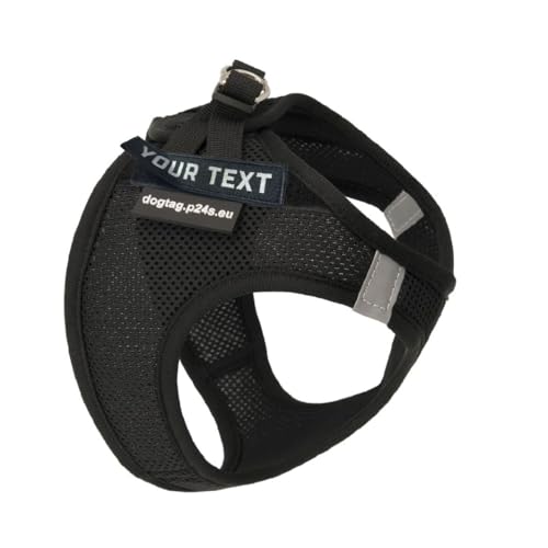 P24S SMART Step-In Hundegeschirr mit Zwei kostenlosen Benutzerdefinierten Patches Klettsticker Wunschlogo für kleine Hunderassen mit Digital Dogtag Service (Schwarz, M (Brust: 55-61 cm)) von P24S