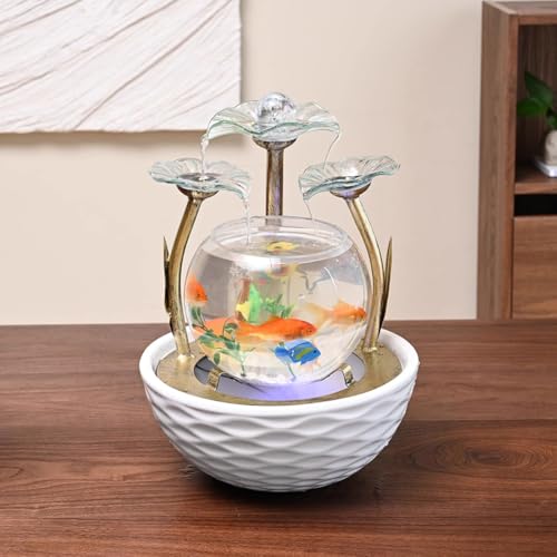 PA-DABAOO Fischglas Für Den Innenbereich Mit Zerstäuber, Kleine Keramiktöpfe Und Glasfischtanks, Lotusblumen-Springbrunnen, Wasserfalldekor Mit Kristallkugel Für Glück Und Reichtum,Weiß von PA-DABAOO