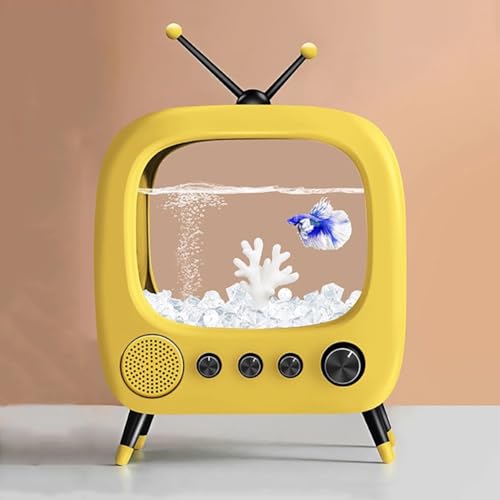 PA-DABAOO Mini-Aquarium, Realistisches TV-Styling, Kleines Starter-Set Für Kampffischbecken, Tischfischglas Für Die Schreibtischanzeige Mit Lichtern, Hilft Katzen,Yellow b von PA-DABAOO