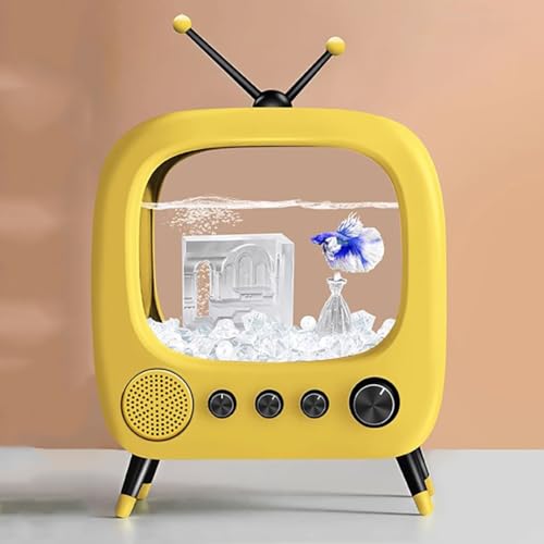 PA-DABAOO Mini-Aquarium, Realistisches TV-Styling, Kleines Starter-Set Für Kampffischbecken, Tischfischglas Für Die Schreibtischanzeige Mit Lichtern, Hilft Katzen,Yellow c von PA-DABAOO