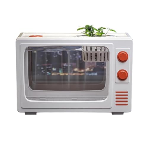 PA-DABAOO Retro-TV-Aquarium, Schreibtisch-Aquarium, Mit Pflanzennetz Und Futterloch, Kleines, Pflegeleichtes Aquarium, 360-Grad-Panoramablick, Kunstdekoration Für Zuhause,White l von PA-DABAOO