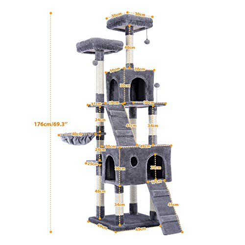 Kratzbaum Haustier-Katzenbaum, mehrstöckiges Katzenhaus, großer Bass, Haltegriff und Hängematte, Katzen-Klettergerüst, Katzenhaus-Möbel, geeignet zum Spielen und Ausruhen für Kätzchen und große von PACUM