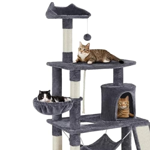 Kratzbaumturm, Katzenbaum mit Eigentumswohnung und Kratzbaumturm, Beige für Katzen, Katzenkletterbaum, Katzenturm für Hauskatzen (Farbe: Dunkelgrau) Vision von PACUM