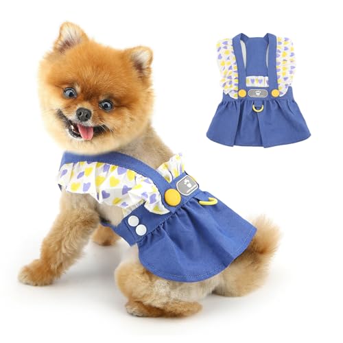 PAIDEFUL Denim-Hundekleid für kleine Hunde, süße Rüschen, Haustierprinzessinenkleider, weicher Welpe, Herzriemen, Jeansrock, atmungsaktiv, Sommerkleid, Chihuahua-Kleidung, Katzenbekleidung, D-Ring von PAIDEFUL