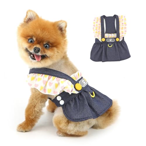 PAIDEFUL Denim-Hundekleid für kleine Hunde, süße Rüschen, Haustierprinzessinenkleider, weicher Welpe, Herzriemen, Jeansrock, atmungsaktiv, Sommerkleid, Chihuahua-Kleidung, Katzenbekleidung, D-Ring von PAIDEFUL