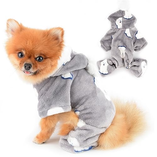 PAIDEFUL Flanell-Fleece-Schlafanzug für kleine Hunde, Cartoon-Kapuzenpullover mit Bommel, vierbeiniger Overall, Herbst, Wintermantel, weich, warm, Welpenkleidung, Pullover, winddicht, Katzenkostüm, von PAIDEFUL