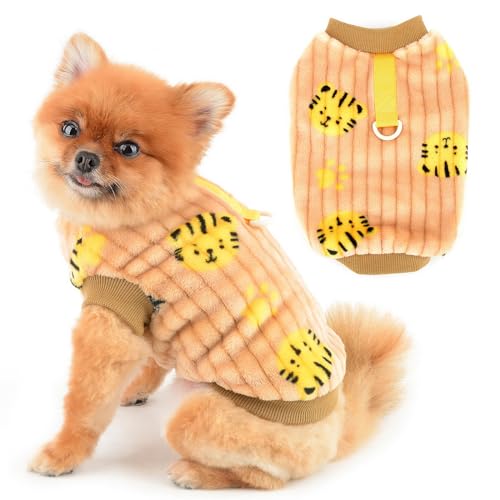 PAIDEFUL Fleece-Mantel für kleine Hunde, weich, warm, mit Tigermuster, Welpen, Herbst, Winter, Weste, kaltes Wetter, Pullover, Chihuahua, Kleidung, Katzenbekleidung, D-Ring, Braun, Größe L von PAIDEFUL