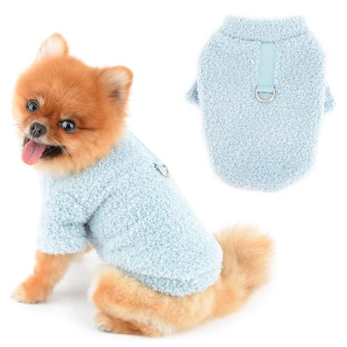 PAIDEFUL Fleece-Pullover für kleine Hunde, weich, gemütlich, solides Hunde-Sweatshirt, Thermo-Haustier, Herbst, Winter, Chihuahua, Kleidung, Katzenkostüm, D-Ring, Blau, Größe M von PAIDEFUL