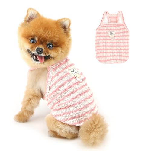 PAIDEFUL Gestreiftes Hunde-T-Shirt für kleine Hunde, dehnbar, leicht, atmungsaktiv, Haustierweste, Tanktop, bequemes Sommer-T-Shirt, niedliches Chihuahua-Outfit, Katzenbekleidung, D-Ring, Rosa, Größe von PAIDEFUL