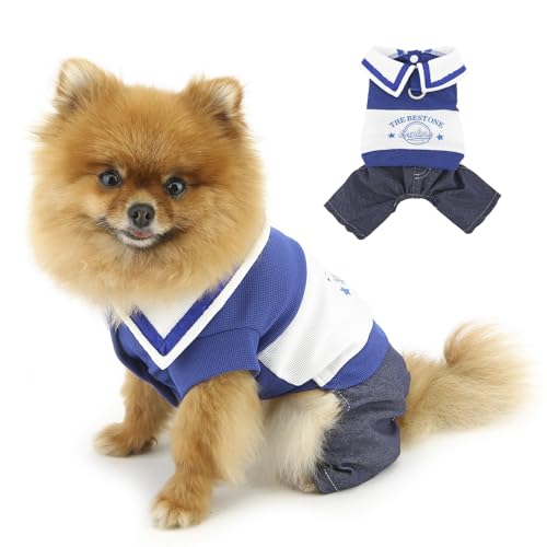 PAIDEFUL Gestrickter Hundeoverall für kleine Hunde, College-Stil, 4-beinige Hundehose, Knopfleiste, Revers, Welpen, Denim-Outfits, weich, leicht, Haustierkleidung, Sunmmer, Chihuahua, Katze, D-Ring von PAIDEFUL