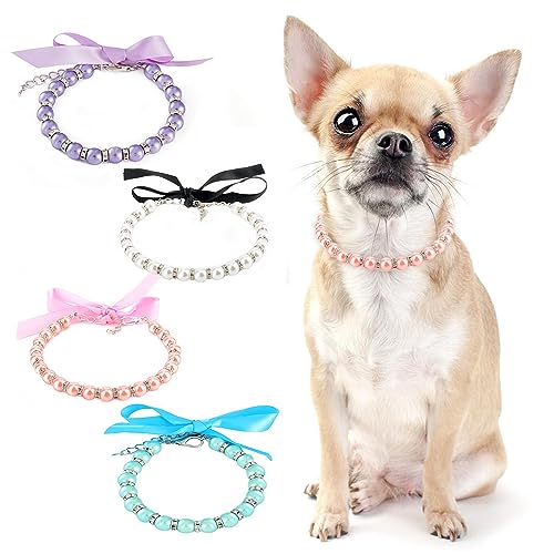 PAIDEFUL Halskette für kleine Mädchen und Hunde, Perlen, Seidenband, Schleife, Bling, Schmuck, verstellbar, leicht, niedliches Katzenhalsband, Geburtstagsparty, Rosa, Größe M von PAIDEFUL