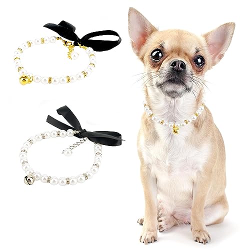 PAIDEFUL Halskette für kleine Mädchen und Hunde, Perlen, kleine Glocken, Perlen, Seidenband, Schleife, Bling, Schmuck, verstellbar, leicht, niedliches Katzenhalsband, Geburtstagsparty, Gold, S von PAIDEFUL