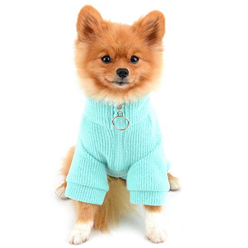 PAIDEFUL Haustier-Pullover für kleine Hunde, Mädchen, Jungen, mit Reißverschluss, Strickpullover, Warm, einfarbig, für Herbst und Winter, Hundekleidung für Welpen, Chihuahua, Yorkie, Hellblau, Größe M von PAIDEFUL