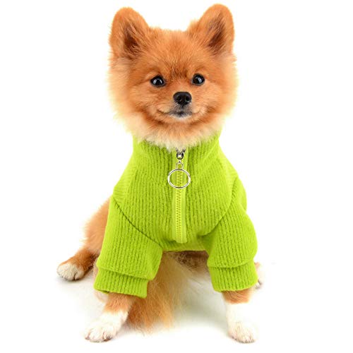 PAIDEFUL Haustier-Pullover für kleine Hunde, Mädchen und Jungen, mit Reißverschluss, Strickpullover, Warm, robust, für Herbst und Winter, Hundekleidung für Welpen, Chihuahua, Yorkie, Grün, Größe L von PAIDEFUL