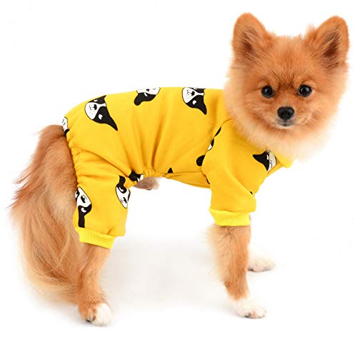 PAIDEFUL Haustier-Pyjama für kleine Hunde, Jungen und Mädchen, weiches Fleece, Welpen-Schlafanzug mit niedlichem Muster, Katzen-4 Beine, Jumpsuit, PJS für den Innenbereich, Gelb, Größe M von PAIDEFUL