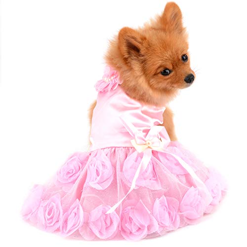 PAIDEFUL Haustierkleid für Kleine Hunde Katzen Mädchen Sommer Luxus Welpen Hochzeitskleid Rose Blume Spitze Tutu Rock Seidig Bowknot Geburtstags Party Kleid Hundekleid Chihuahua Kleidung Pink M von PAIDEFUL