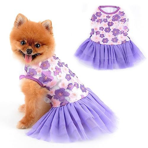 PAIDEFUL Hund Kleider, Prinzessin-Blumen-Organza-Tutu-Rock, Frühling und Sommer, weich, bequem, atmungsaktiv, Welpenkleidung, Katzen Kostüm, Lila, L von PAIDEFUL