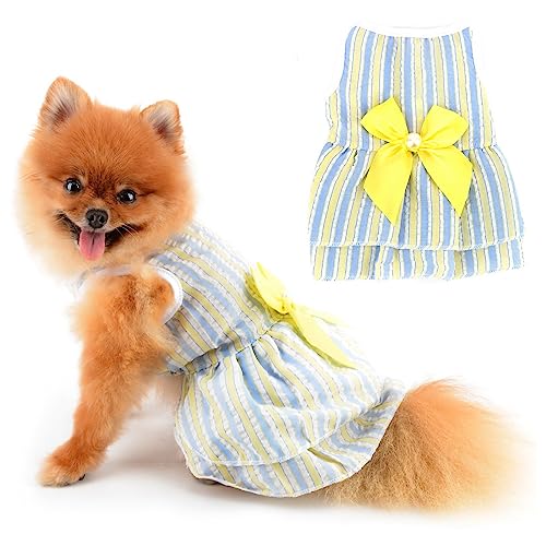 PAIDEFUL Hund Kleider für kleine Mädchen, gestreift, kariert, Schleife, Sommerkleid, Frühling, Sommer, weich, bequem, Welpenkleidung, Katzen Kostüm, Gelb, M von PAIDEFUL