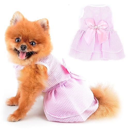 PAIDEFUL Hund Kleider für kleine Mädchen, gestreift, kariert, Schleife, Sommerkleid, Frühling, Sommer, weich, bequem, Welpenkleidung, Katzen Kostüm, Rosa, XL von PAIDEFUL