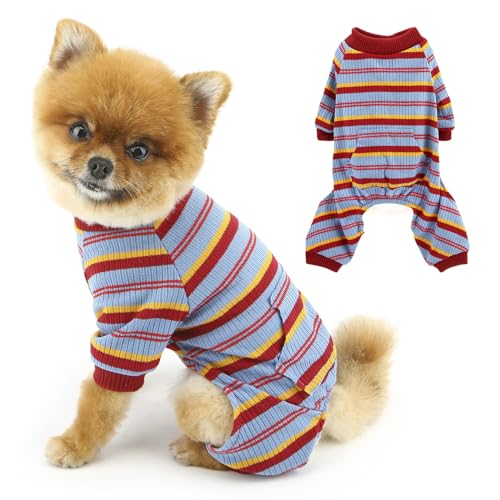 PAIDEFUL Hunde-Pyjama, 4-beinige Kleidung für kleine Hunde und Katzen, dehnbar, weicher Haustier-Pyjama mit bunten Streifen, Einteiler, modischer Welpen-Overall, leichter Pullover, Blau, Größe L von PAIDEFUL
