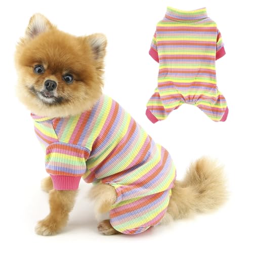 PAIDEFUL Hunde-Pyjama, Rollkragen, Hundekleidung mit bunten Streifen, weicher Haustier-Pyjama, bequem, leicht, Welpen-Einteiler, elastischer Overall, Pullover, Katzenkostüm, Chihuahua-Kleidung, Rosa, von PAIDEFUL