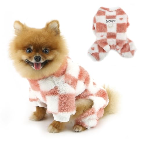 PAIDEFUL Hunde-Pyjama für kleine Hunde, flauschiger Fleece-Welpen-Pyjama, modisch, kariert, winddicht, warm, 4-beinig, für den Winter, Haustierpullover, Chihuahua-Kleidung, Katzenmantel, D-Ring, Rosa, von PAIDEFUL