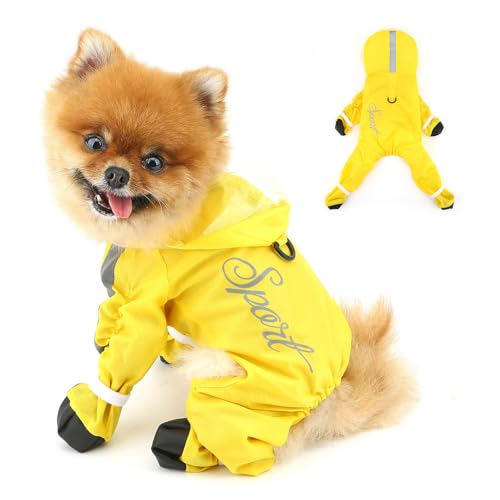 PAIDEFUL Hunde-Regenmantel, 4 Beine, Hunde-Regenjacke für kleine Hunde, wasserdichte Hunde-Regenmäntel mit Knopf, reflektierende Streifen, transparente Kapuze, regenbeständig, Haustier-Overall, D-Ring von PAIDEFUL
