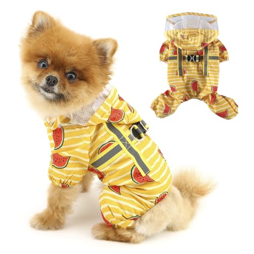 PAIDEFUL Hunde-Regenmantel, 4 Beine, Hunde-Regenmantel mit Knopfloch für die Leine, transparente Kapuze, Zupfponcho für kleine Hunde, modisch, kariert, mit Kapuze, wasserdicht, reflektierender Riemen, von PAIDEFUL