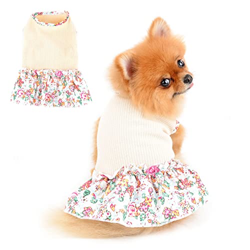 PAIDEFUL Hundeblumenkleid für Kleine Mittelgroße Hunde Katzen Mädchen Weiche Baumwollweste Rüschenrock Atmungsaktive Tanktops Welpen Chihuahua Yorkie Kleidung Haustier Frühling Sommer Trägt Beige XL von PAIDEFUL