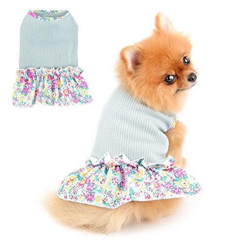 PAIDEFUL Hundeblumenkleid für Kleine Mittelgroße Hunde Katzen Mädchen Weiche Baumwollweste Rüschenrock Atmungsaktive Tanktops Welpen Chihuahua Yorkie Kleidung Haustier Frühling Sommer Trägt Grün S von PAIDEFUL