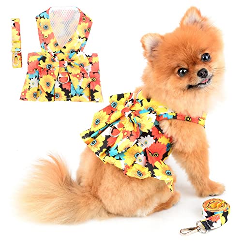 PAIDEFUL Hundegeschirr Kleid für Kleine Hunde Katzen Mädchen Bunte Blumen Tutu Rock Mesh Atmungsaktiv Haustierkleidung mit Leine 1,6 m Mini Welpen Chihuahua Yorkie Kleidung Frühling Sommer Orange L von PAIDEFUL