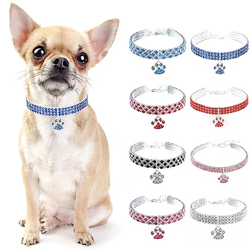 PAIDEFUL Hundehalsband Halsband Diamant Strass Bling Pfote für kleine Hunde Verstellbares Katzenhalsband Schnellverschluss-Schnalle Geburtstagsfeier Leicht Niedlich Blau L von PAIDEFUL