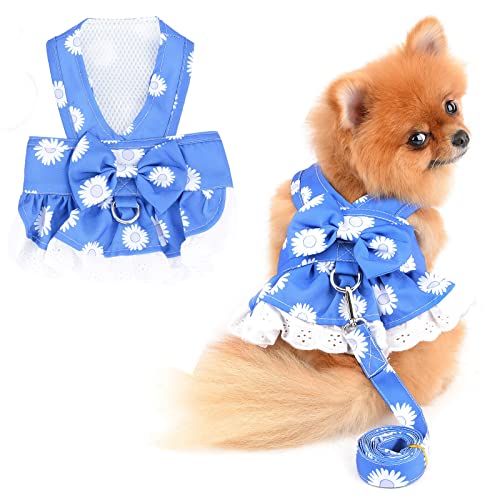 PAIDEFUL Hund Kleider Geschirr und Leine Set Kostüm Blumenschleife Katzen Hund Sommerkleid für kleine Haustiere Mädchen weiche Hundekleidung, Dunkelblau, M von PAIDEFUL