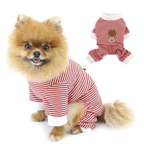 PAIDEFUL Klassischer gestreifter Hunde-Pyjama für kleine Hunde, dehnbar, weich, Hunde-Pyjama, 4-Bein, leicht, atmungsaktiv, Welpen-Jumpsuit, Sommer, Frühling, Katzenkleidung mit D-Ring, Rot, Größe XXL von PAIDEFUL