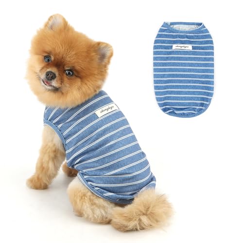 PAIDEFUL Klassisches gestreiftes T-Shirt für kleine Hunde, weich, leicht, atmungsaktiv, Hunde-Tanktop, Sommer, cooles Haustier-T-Shirt, ärmelloses Sweatshirt, Chihuahua, Katzenbekleidung, Blau, Größe von PAIDEFUL