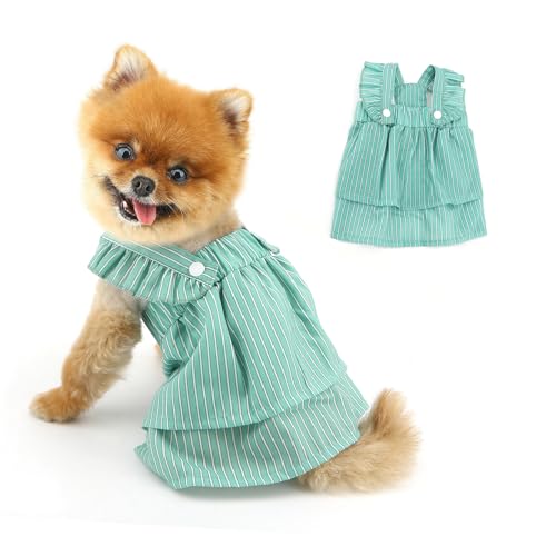 PAIDEFUL Kleid für kleine Hunde, doppellagig, modisch, gestreift, Prinzessinnen-Rock, leicht, atmungsaktiv, Welpenhemd mit Rüschen, weich, gemütlich, Sommer-Chihuahua-Outfits, Katzenbekleidung, Grün, von PAIDEFUL