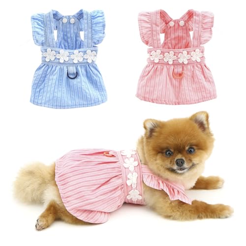 PAIDEFUL Kleid für kleine Hunde, elegantes Sommerkleid, gestreift, mit Blumenstickerei, Sommerriemen, Prinzessinnenkleider, coole Haustierkleidung, niedliches Katzen-, Chihuahua-Kostüm, Knopf, D-Ring, von PAIDEFUL