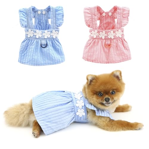 PAIDEFUL Kleid für kleine Hunde, elegantes Sommerkleid, gestreift, mit Blumenstickerei, Sommerriemen, Prinzessinnenkleider, coole Haustierkleidung, niedliches Katzen-, Chihuahua-Kostüm, Knopf, D-Ring, von PAIDEFUL