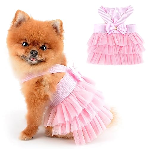 PAIDEFUL Kleid für kleine Hunde, gestreift, Denim, Organza, Schleife, Perlen, Tutu-Rock, Sommer, weich, bequem, atmungsaktiv, Welpenkleidung, ärmellos, Knopf, Kätzchenbekleidung, Rosa, Größe XL von PAIDEFUL