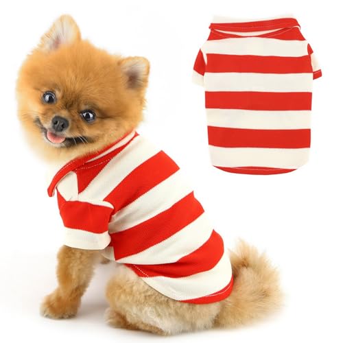 PAIDEFUL Kleine Hunde-Shirts, gestreift, weich, leicht, modische Welpen-Sweatshirts, Haustierpullover, Kleidung, Frühling, Sommer, Katzenkostüm, Chihuahua-Outfits, Rot, Größe L von PAIDEFUL
