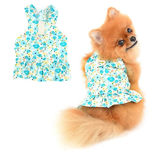 PAIDEFUL Kleine Mädchen Hundegeschirr Kleid Floral Ananas Sommerkleid Weiche Bequeme Hundekleidung Ärmelloser Prinzessin Katzen Kostüm D-Ring, Blau, L von PAIDEFUL